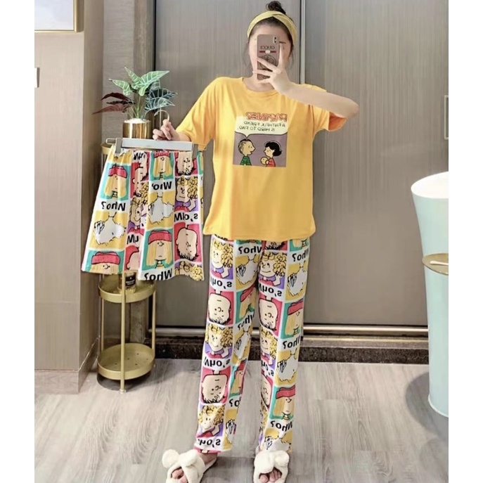JC- Stelan Oversize 3in1 Import / Piyama 3in1 / Piyama Korea wanita terbaru Murah-3in1 Boy&Girl Yellow