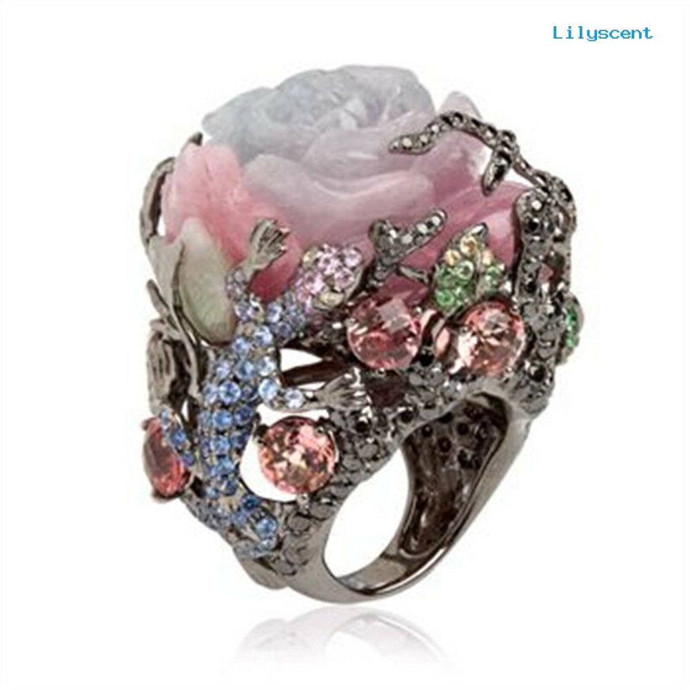 Lilyscent Women Multicolor Big Oval Faux Moonstone Carved Flowers Finger Ring Jewelry