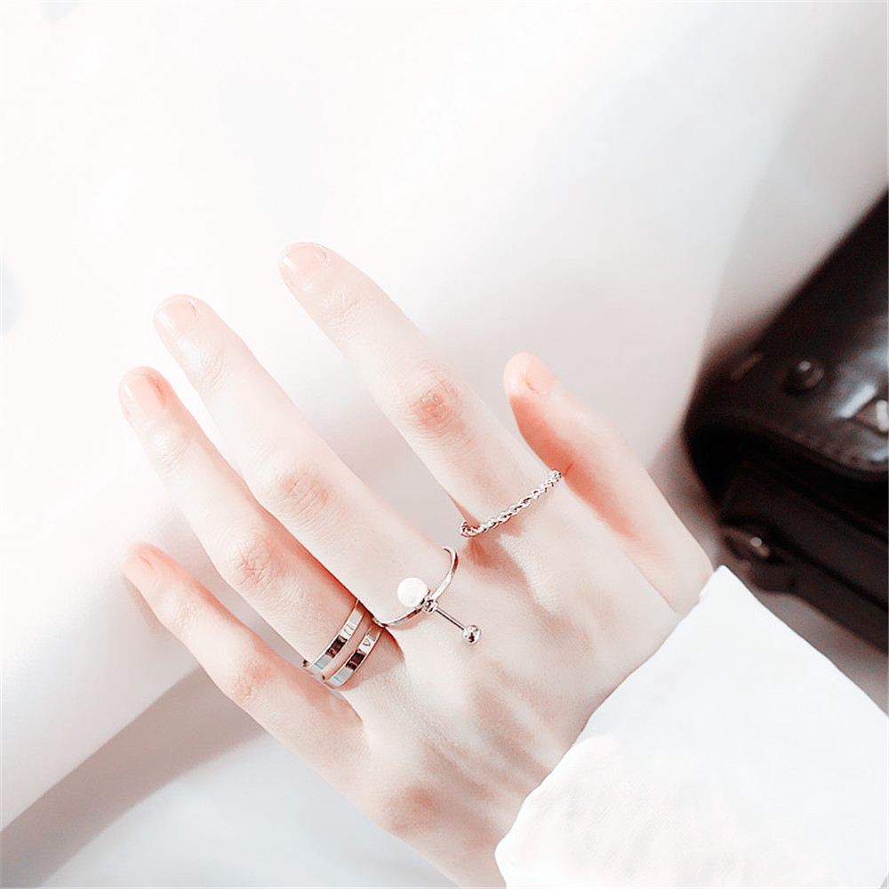 Bayar Di Tempat 3pcs Wild Hollow Pearl Joint Ring Combination Minimalis Wind Wild Ring