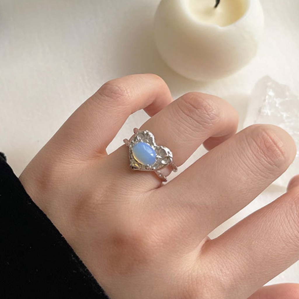 Cincin Model Terbuka Desain Hati Hias Batu Moonlight Gaya Koreasimple Untuk Wanita