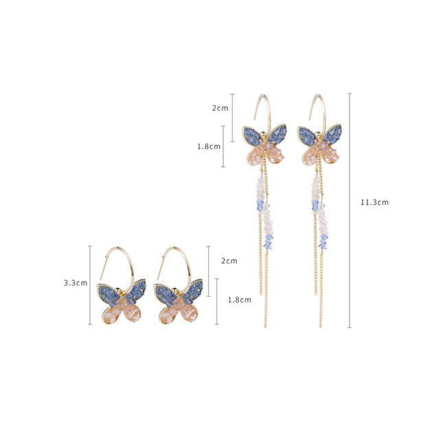 LRC Anting Tusuk Fashion Crystal Butterfly Long Tassel Alloy Earrings K75994