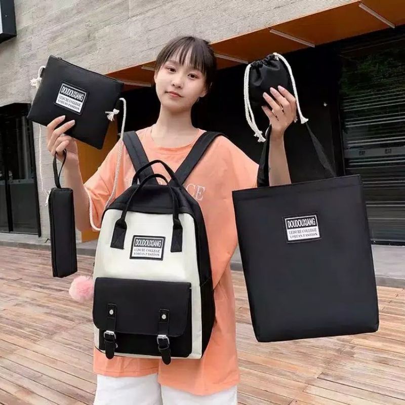 Tas Ransel 4 in 1 Limited Edition Tas Sekolah Backpack Wanita Tas Satu SET - BISA PILIH WARNA-PROMO AFGN HITAM