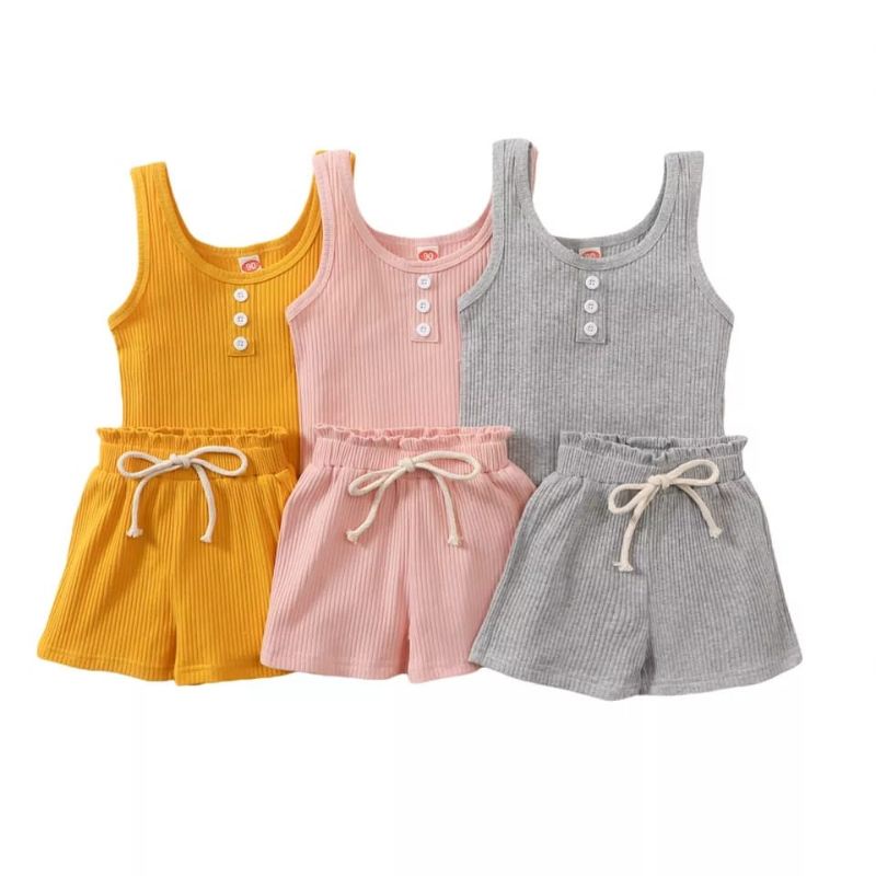 Setelan Andien 6 bulan - 2 Tahun / Setelan Singlet Katung Tanpa Lengan / Setelan Anak Bayi Hotpants Tali Rib / Ribbed Tank Set