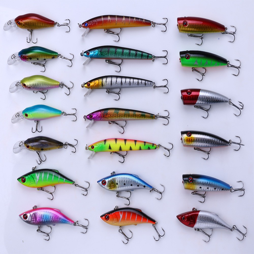 HENGJIA 20Buah Set Umpan Minnow Pancing Crankbait Popper Fishing Lure Wobbler Bait Ikan With Kotak