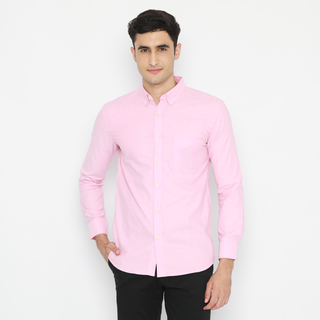 Lesta Langgeng Kemeja Formal Pria Lengan Panjang Standard Bahan Kain Katun Warna Pink Polos