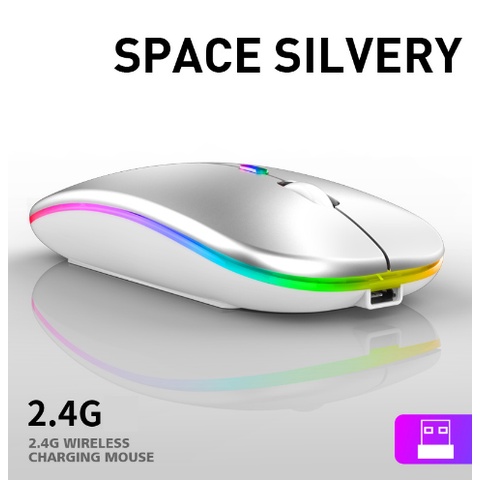 Bluetooth 5.1 + 2.4G Silent Wireless Mouse Rechargeable 1600 DPI RGB LED Backlit Isi Ulang Mouse Gaming-2.4G RGB - Perak