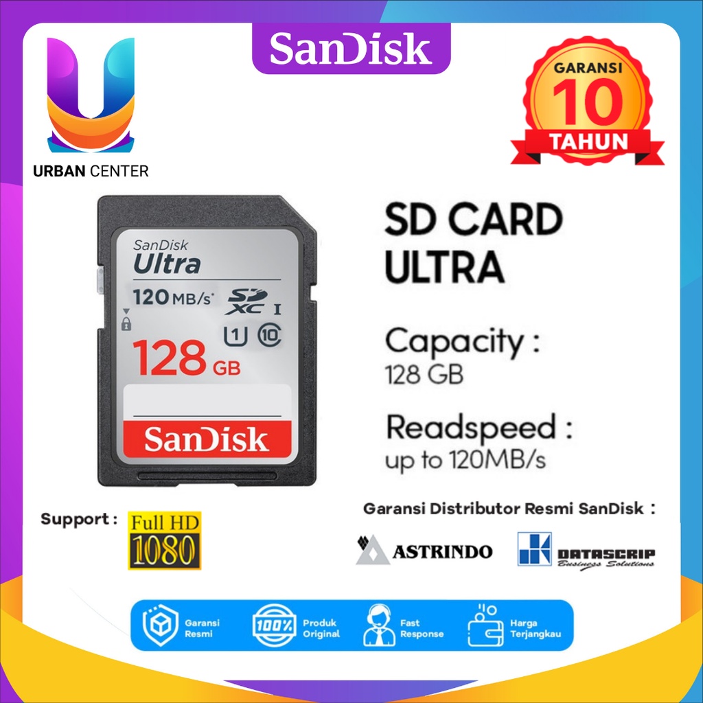 Jual Memory Card SD Card Memory Camera 128GB SanDisk Ultra UHSI Class