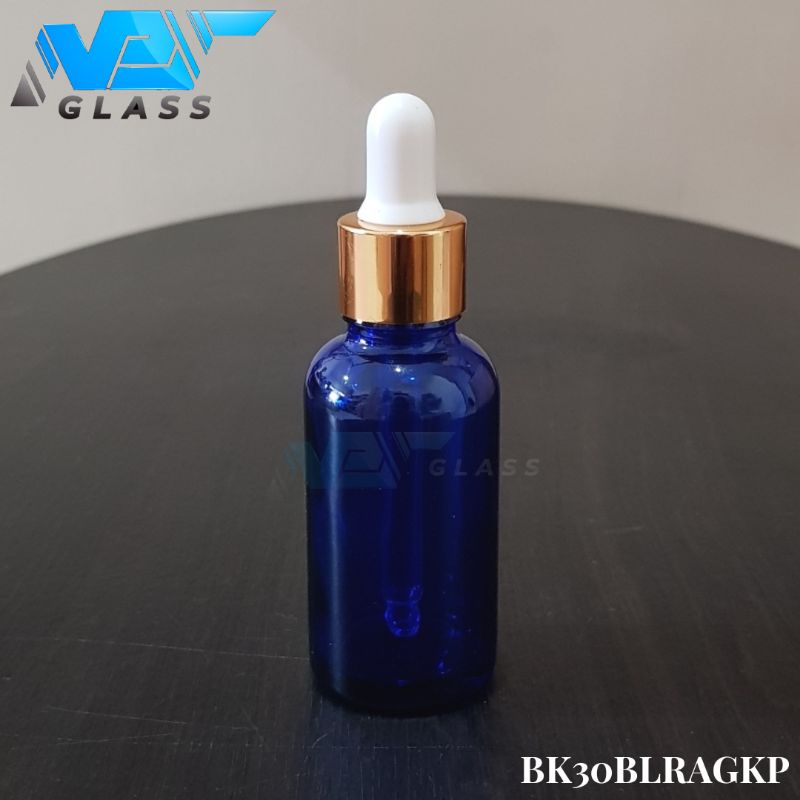 botol kaca pipet 30ml biru - ring almunium gold