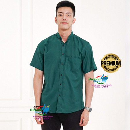 Kemeja Pria Lengan Pendek Cowok Katun Polos Hijau Botol Dark Green XL - XXXL Formal