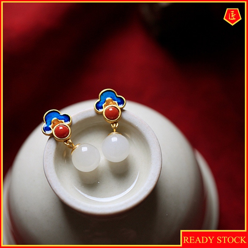 [Ready Stock]Original Design 925 Silver Natural Jade Auspicious Cloud Earrings