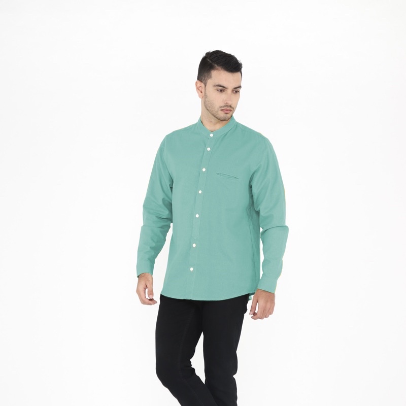 Yobebee Kemeja Pria Dewasa Linen Tangan Panjang Baju Muslim Atasan Polos Slim Fit Kemeja Koko Chiangi Kerah Laki Laki Baju Couple Anak dan Ayah-Spearmint