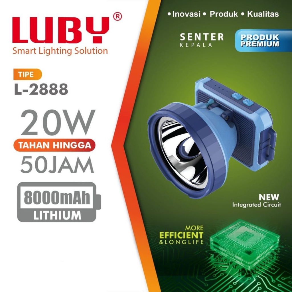 Senter Kepala LUBY L2888 / Lampu Kepala 20 Watt / Head Lamp LUBY 2888 Carger / Cas / Cahaya Putih