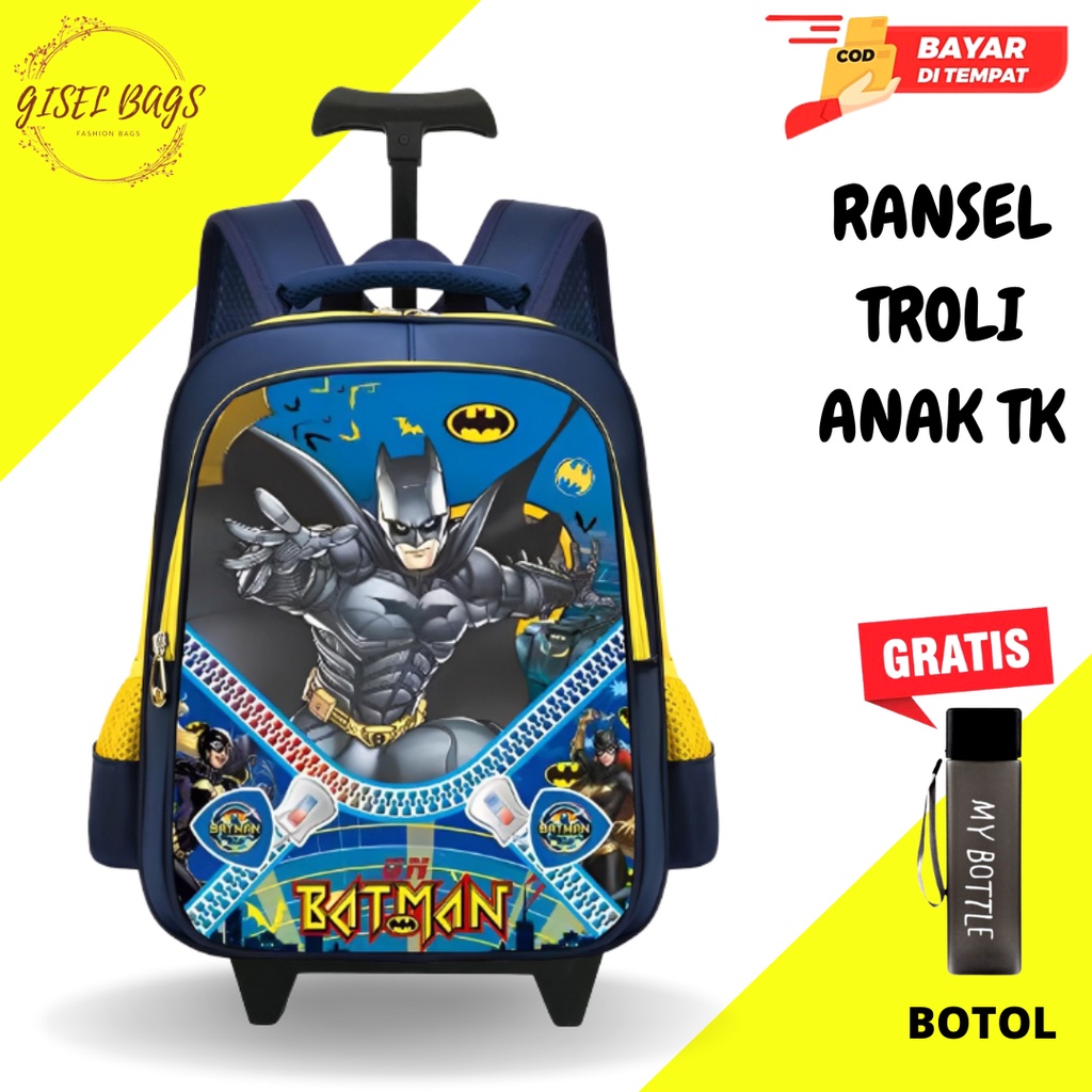 GB-Tas ransel troli laki laki anak TK tas ransel troli karakter superhero timbul tas ransel troli import