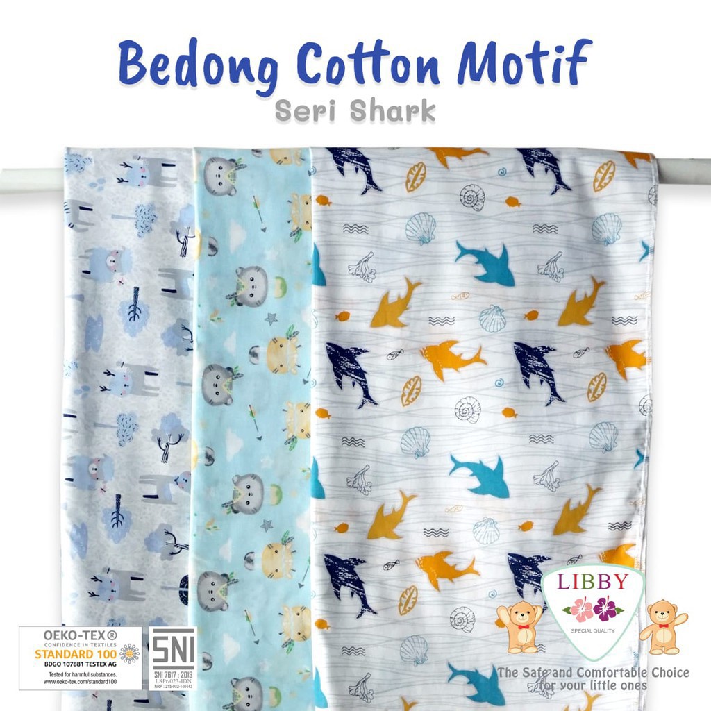 3pcs Bedong Libby Bahan Katun Motif Shark Kain Bedong Motif