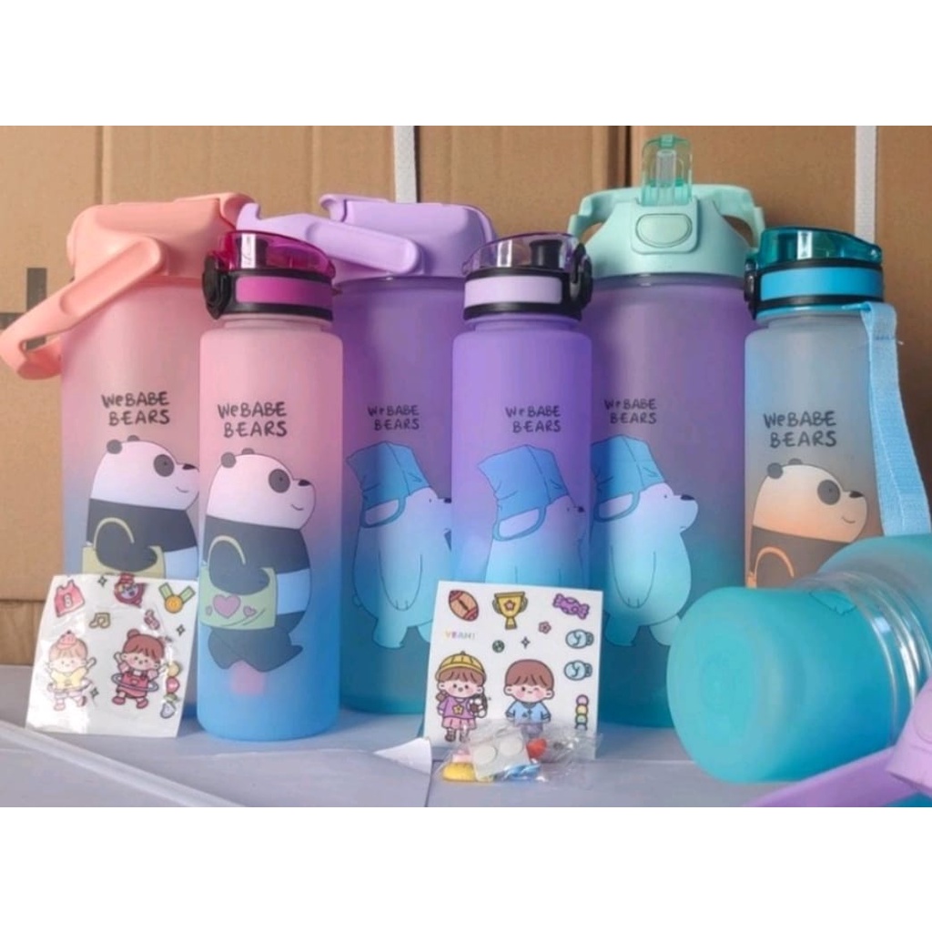 Botol Minum Couple Pasangan + Sticker 2D &amp; 3D Gradasi We Babe Bear 1Set 2 Liter Dan 800ML Food Grade Bebas BPA Dengan Penanda Waktu Webabe Bears-Botol Minum Viral Motivasi 2in1 Botol Minuman Anti Bocor Awet Tahan Lama