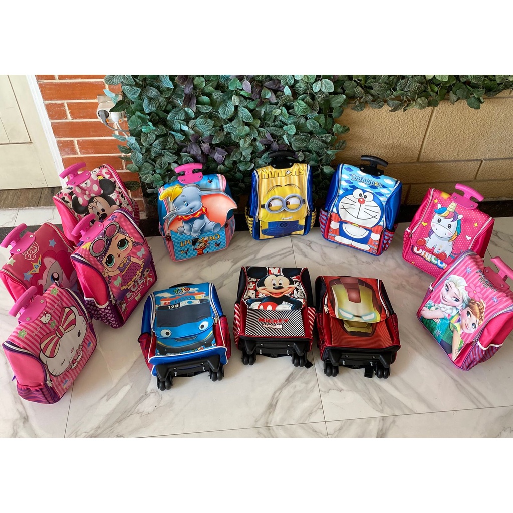 COD ~ TAS TROLI + RANSEL IMPOR Tas Troley Sekolah TK 3D PINK mouse Muka Kuping 3D Timbul TERMURAH PROMO mini mouse minnie mouse