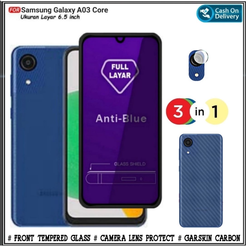 PAKET 3IN1 Tempered Glass Anti Blue Light Samsung A03 , A03 CORE + Camera &amp; Garskin DI ROMAN ACC