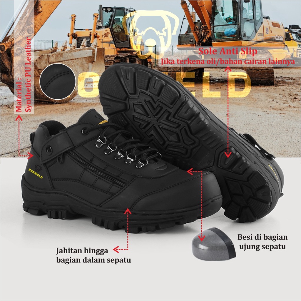 Sepatu Safety Proyek Ujung Besi - Septy Shoes Boot - Septi Pria Kerja Lapangan Kulit Sintetis Tali Robweld Original