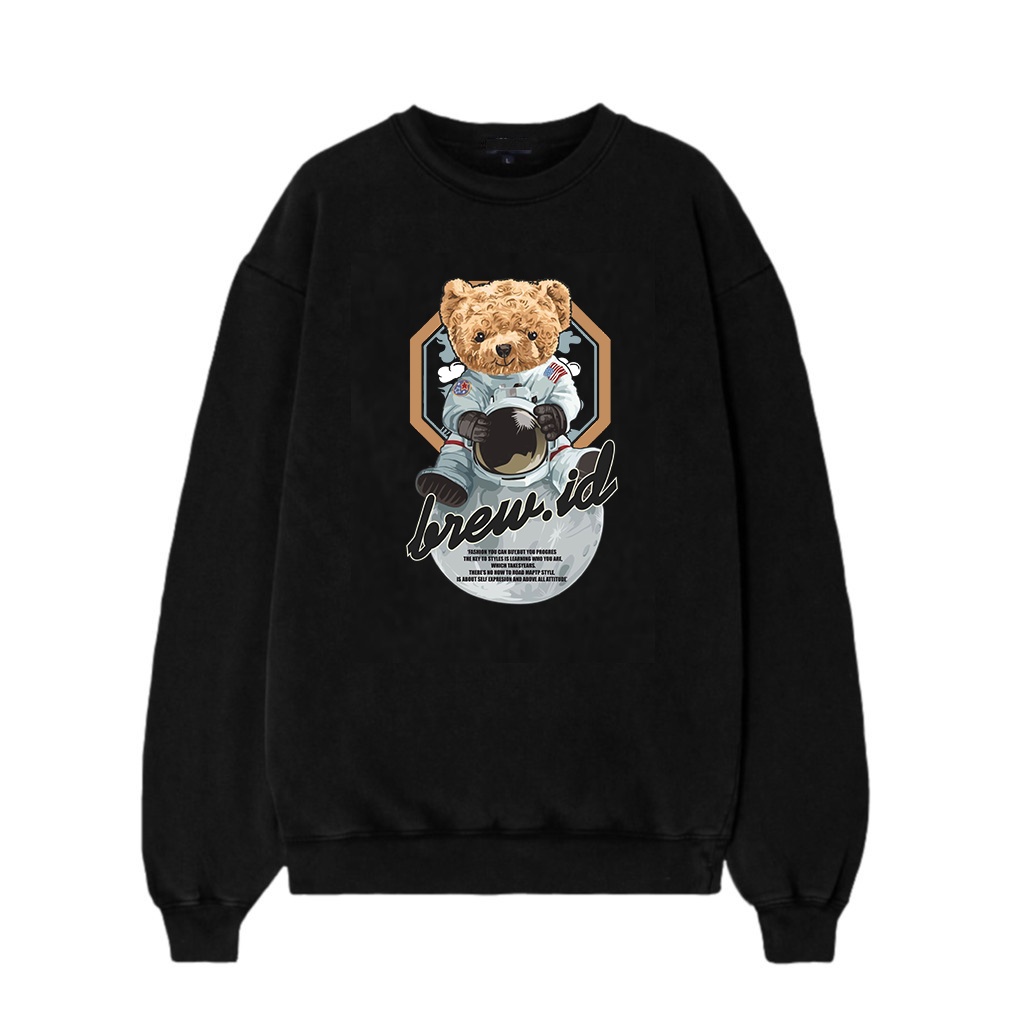 BREW ID - Crewneck Black Motif Astronout Bear Pria dan Wanita Premium Quality