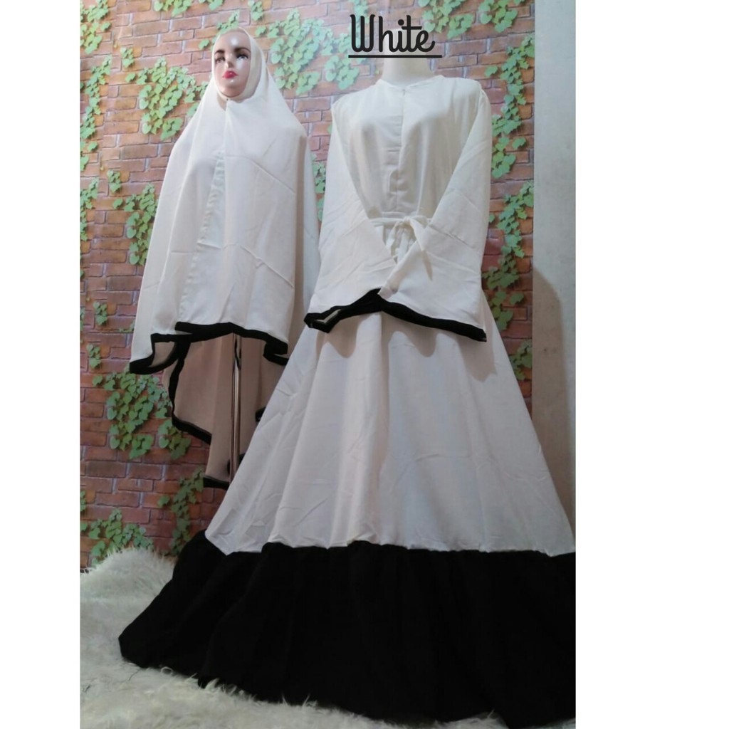 gamis set khimar wollycrepe mosscrepe syari busana muslim baju wanita putih haji umroh murah umrah