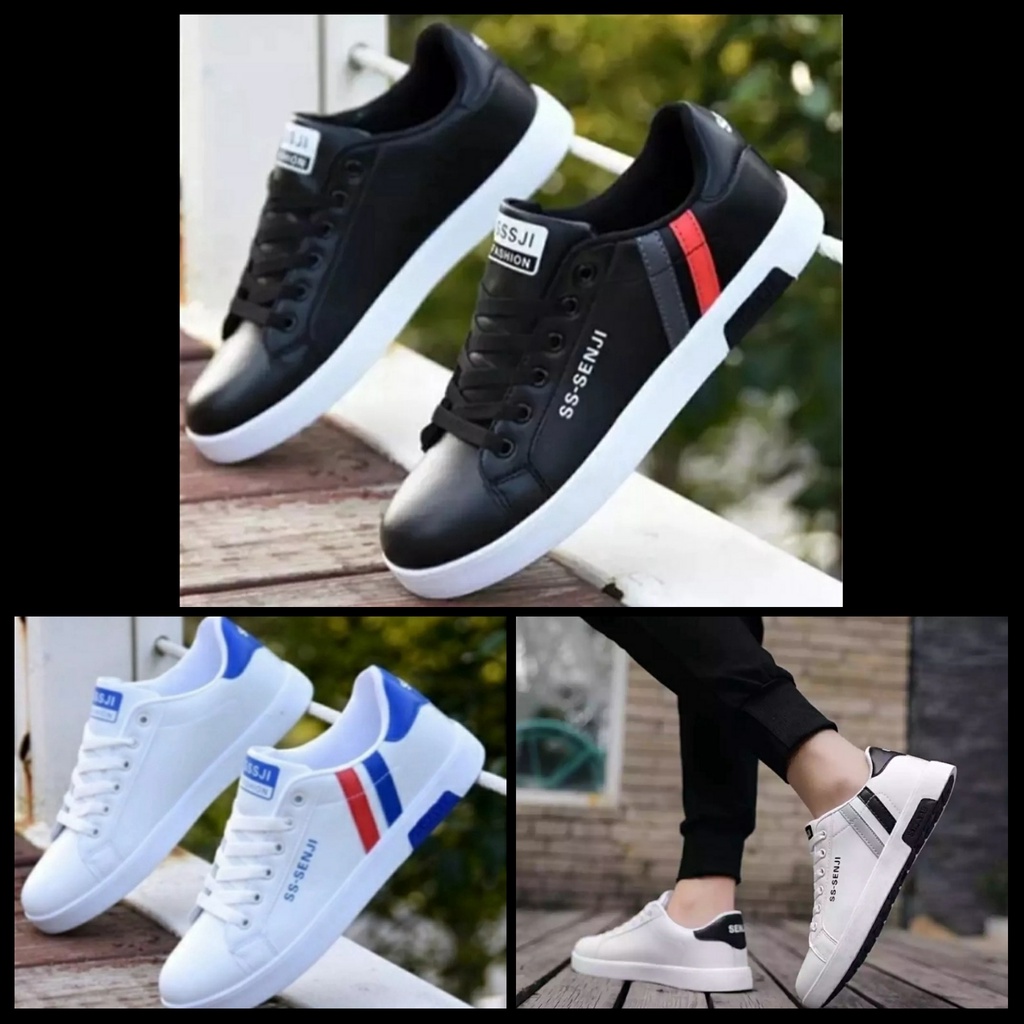Sepatu Sneakers SS-Senji Pria Wanita Terbaru Fashion Sport Korea/ Sepatu Kets Kasual Putih Hitam Cow