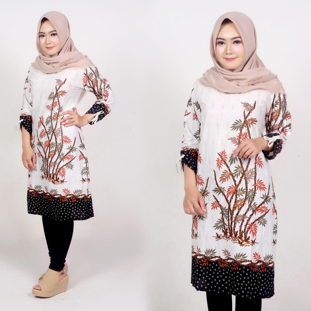Tunik Batik Wanita Motiv Bambu Seragam Guru Dan Kantor Resleting Belakang Bahan Katun Adem Di Paka