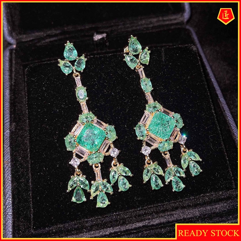 [Ready Stock]Women's 925 Silver Luxury Vintage Green Gem Long Stud Earrings