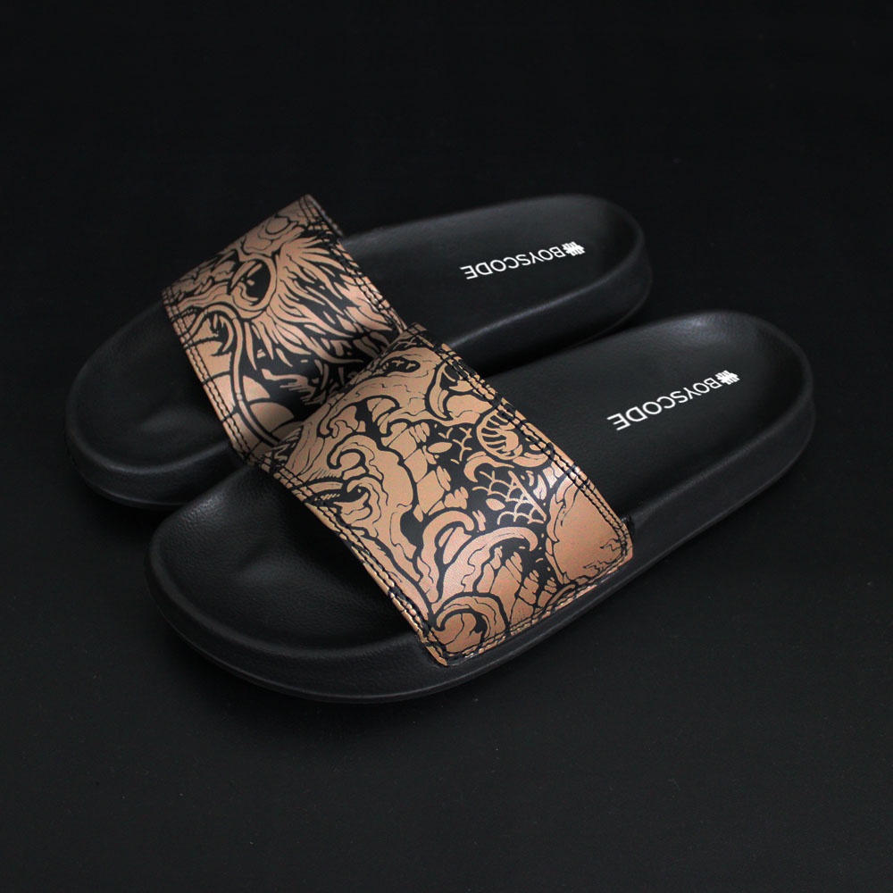 Sendal Selop Pria Wanita Distro Boyscode Dragonforce Motive Brown / Sendal Slip On Pria / Sendal Slide Pria