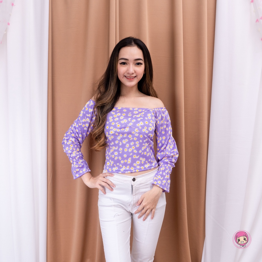 PAULA DAISY LONGSLEVEE - Blus Sabrina Wanita Lengan Puff Motif Bunga Daisy Gaya Korea Blouse Wanita-UNGU