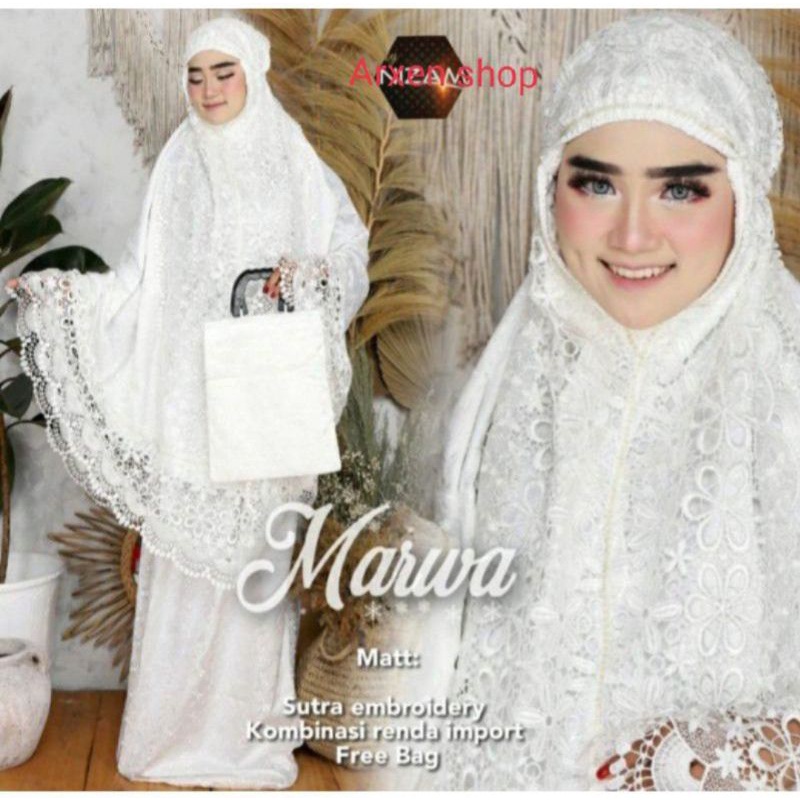 mukena sutra prada swarovski renda seroja dan bunga