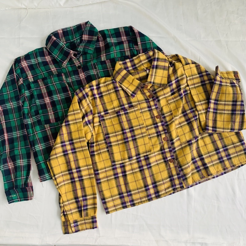 KEMEJA KOTAK KOTAK CROP WANITA LD 110 FULL KANCING ALL SIZE