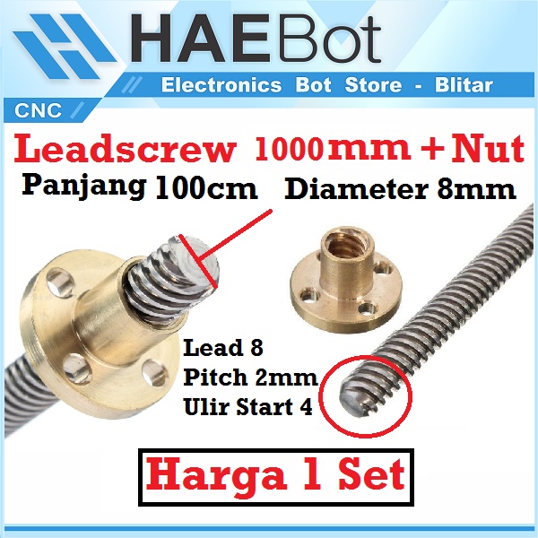 [HAEBOT] Set Lead Screw Leadscrew T8 1000 mm 8 Pitch 2mm + Nut Besi Ulir CNC 3D Printer X Y Z Axis Stainless Steel ACME Router Milling Mekanik