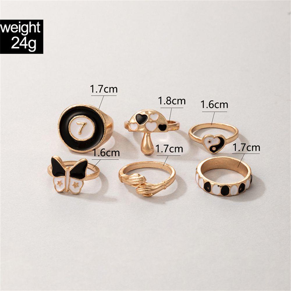 R-flower 6Pcs Opening Metal Ring Wanita Fashion Kesederhanaan Bunga Tai Chi Perhiasan Vintage Enamel Ring