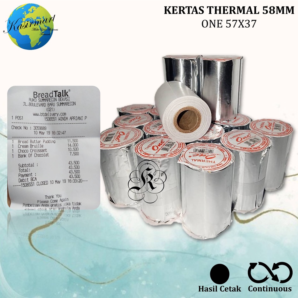 THERMAL ONE KERTAS THERMAL STRUK KASIR 58x40/58x37/57x40/57x37 MM HITAM PRINTER MINI BLUETOOTH