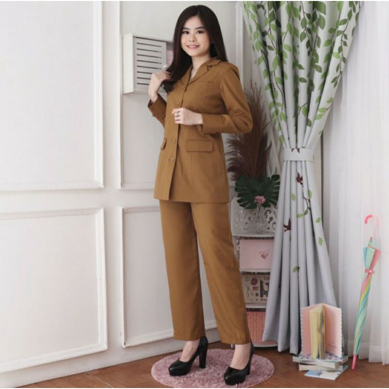 setelan pns cew khaki tua premium/seragam pemda cewek