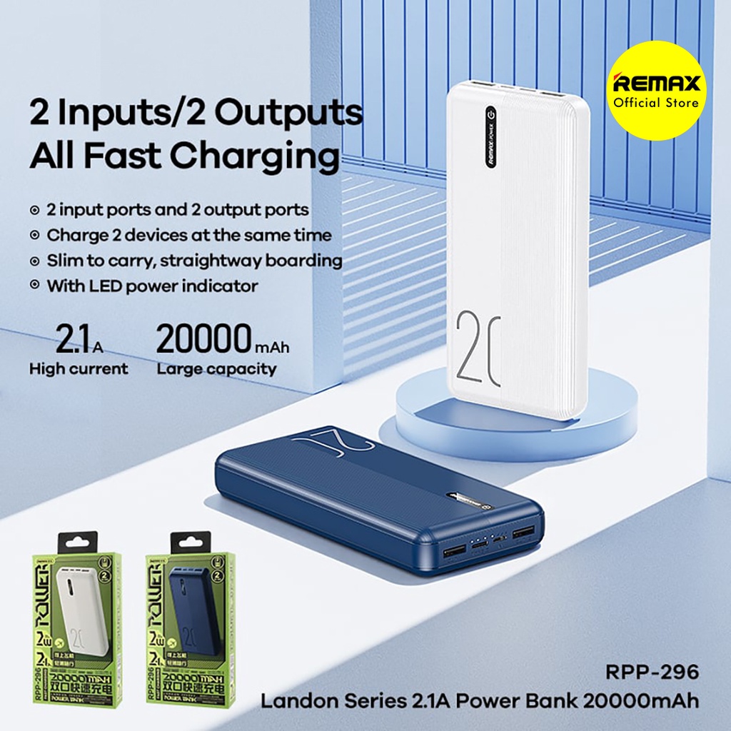 Remax Landon Power Bank 20000mAh Slim 2.1A Dual Port USB RPP-296