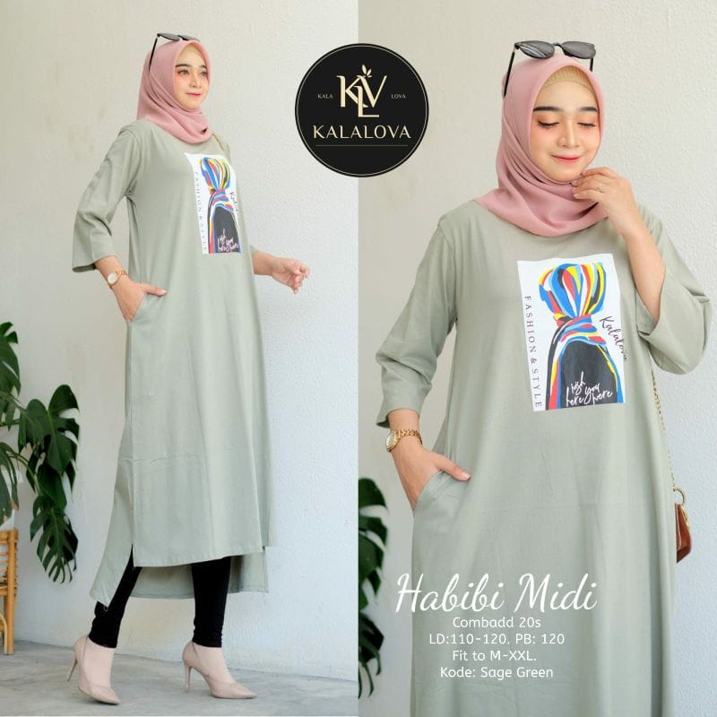 Habibi Midi Dress Muslim Baju Wanita Gamis Midi Kekinian Long Dress Jumbo Fashion Wanita Casual Dress