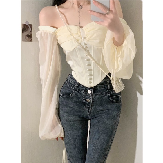 blus korea kemej tulang ikan jahitan kemeja sifon strapping perempuan off-the-shoulder satu bahu pri