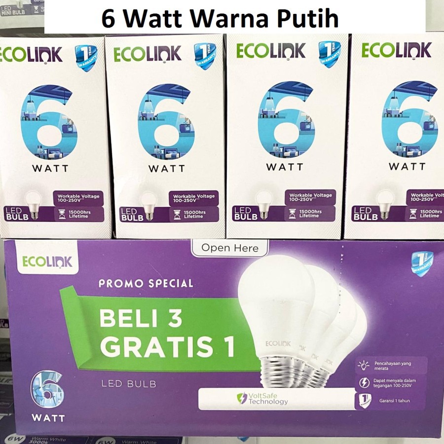 PROMO BELI 3 GRATIS 1 Lampu Bohlam LED Bulb 6 Watt 6Watt 6W 6 W Putih ECOLINK