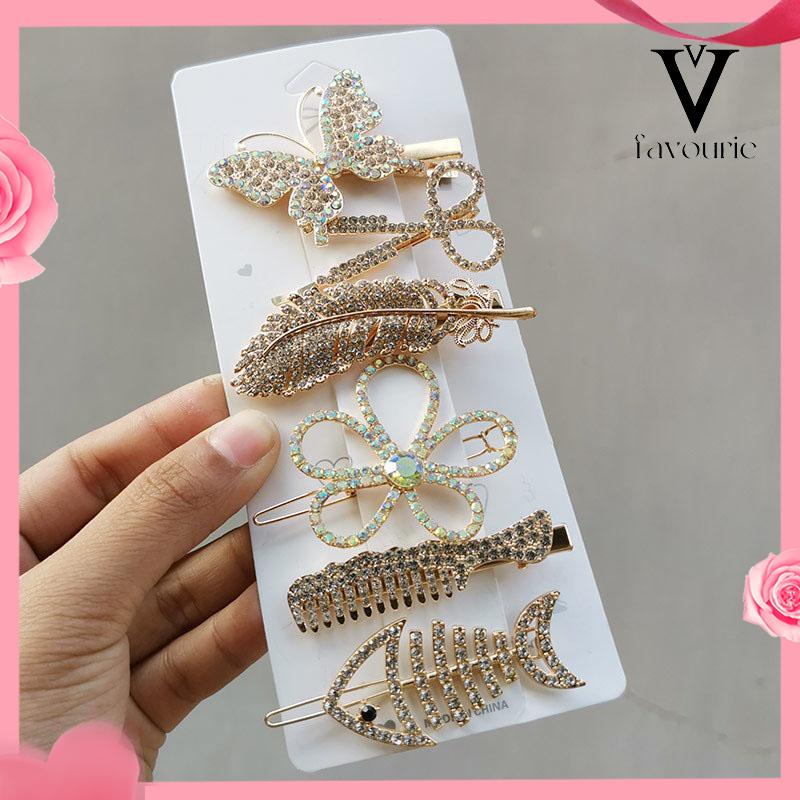 [COD]Fishbone Hairpin 6-Piece Set Aksesoris Rambut Vintage Set Dengan Diamond Pearl Edge Clip Bebek Paruh Clip-FA