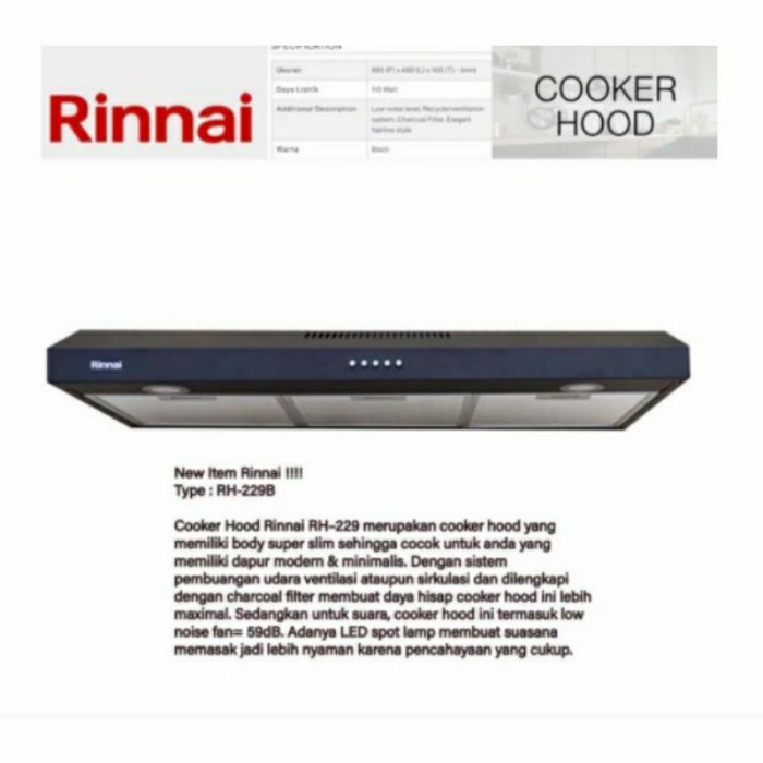 Cooker Hood Rinnai RH 229B 229 B Slim Hood 90cm Penghisap Asap Dapur