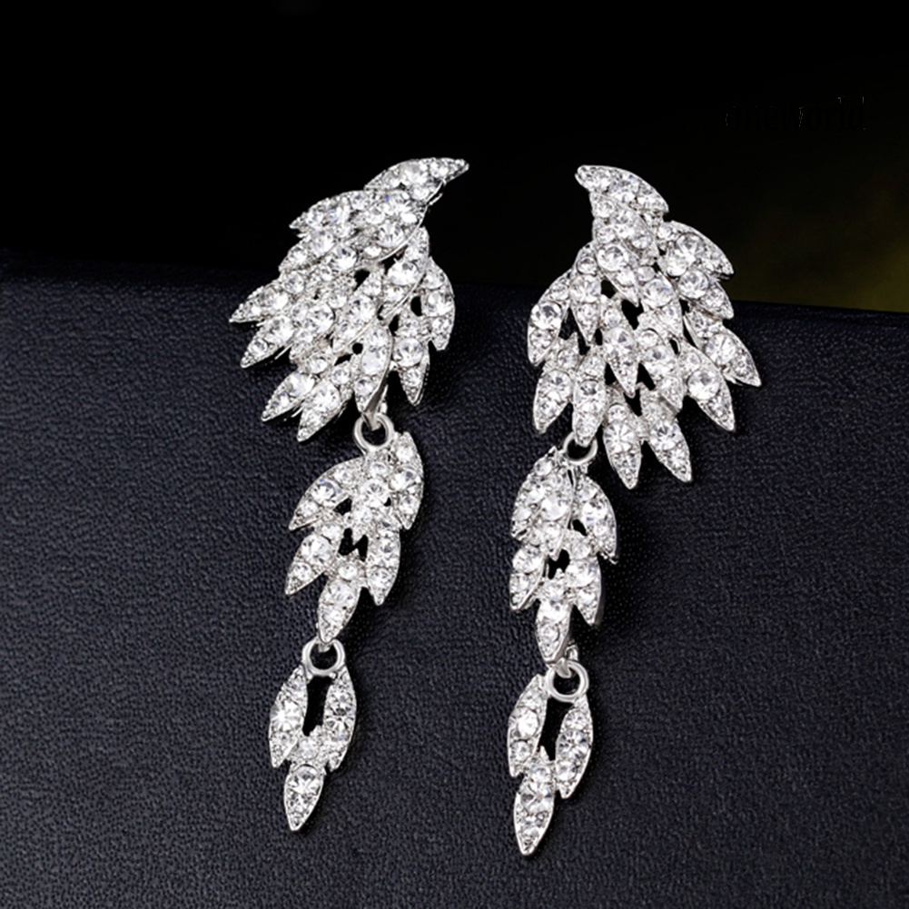 OW@ Elegant Full Rhinestones Wing Dangle Drop Pierced Earrings Women Wedding Jewelry