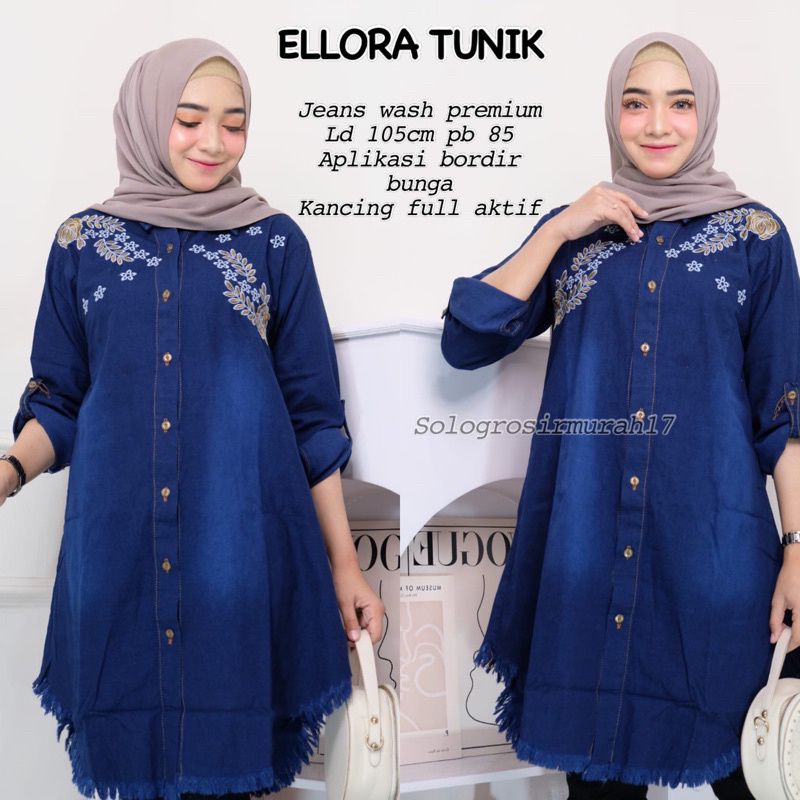 ELLORA TUNIK PANJANG BAHAN JEANS ORIGINAL  WARNA NAVY  TREND TERKINI