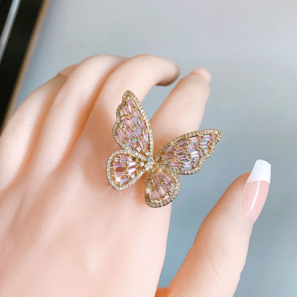 Hu Hu Hu Hu Hu Alat Bantu Pasang Kacamata♡ Cincin Wanita Model Terbuka Desain Kupukupu Hollow Hias Berlian Imitasi Untuk Pestahadiah