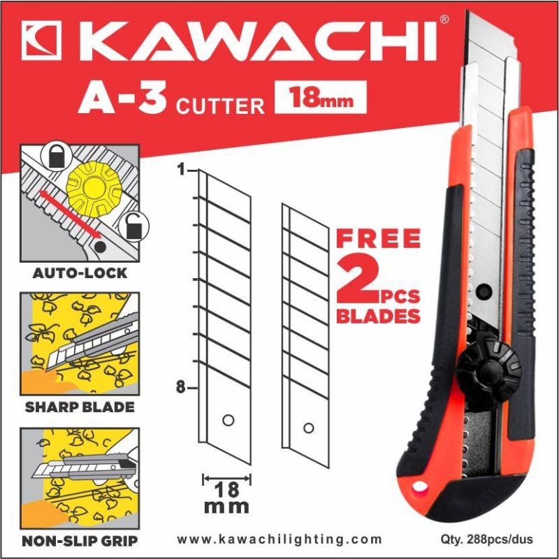 Pisau Cutter cuter Besar Gagang anti slip Kawachi gratis 2 mata pisau