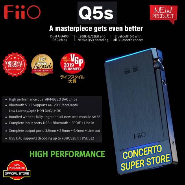 FiiO Q5s DAC/Amp Portable Amplifier - Hitam, Aluminium, 3800mAh Baterai