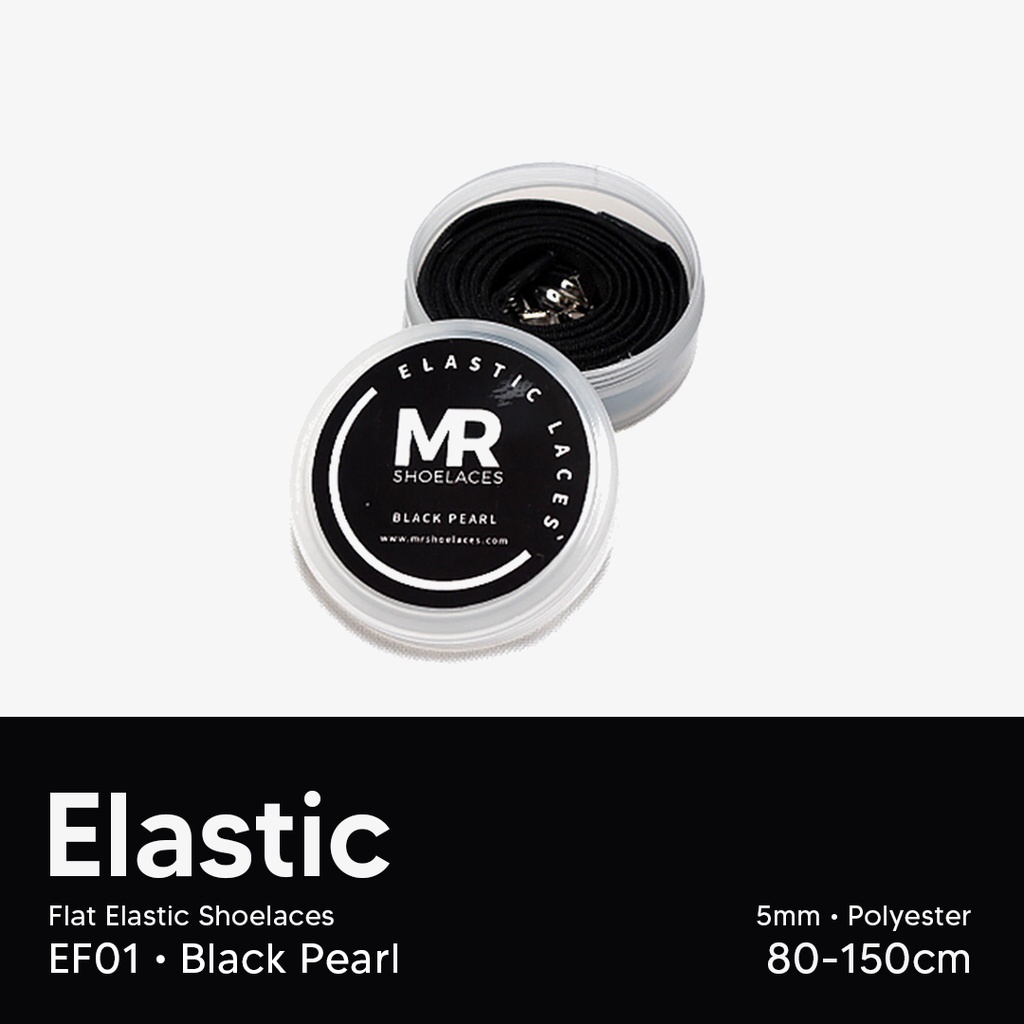 Original MR Shoelaces EF01 Elastic Black Hitam Tali Sepatu Flat Elastis (Karet Lentur) with Metal Clip / Lock 80cm 100cm 120cm 150cm - Premium Shoelace