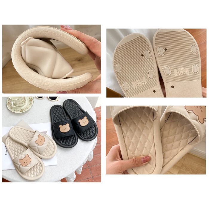 S20 Sandal Slop Karet Wanita Empuk  Motif Beruang Lucu Sendal Selop Rumah Hotel Women Home Sandals Elastis Cewek Perempuan Murah Miniso Dapur Kamar Mandi Import Korea Karakter Bear Premium Eva Tebal Hitam Sepatu Pria Cowok Laki Laki Jepit Anti Slip Keren-3