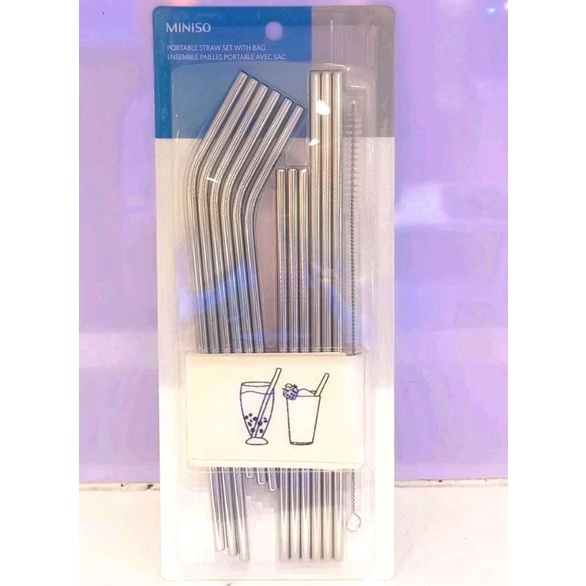 SPECIAL SALE MINISO PORTABLE STRAW SET WITH BAG / REUSABLE STRAW / SEDOTAN STAINLESS 12 PCS