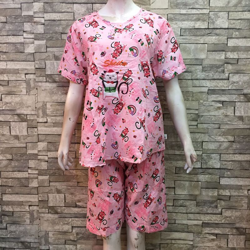 Baju Tidur HOKI &amp; SHEILA Katun wanita Celana 3/4 (Top cat)